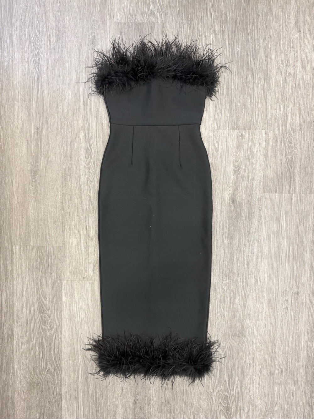 Strapless Black Feather-Trim Sheath Dress Size Medium - Picture 2 of 8